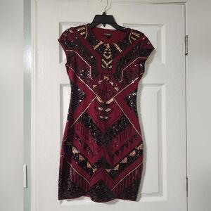 $128 EXPRESS Sequin Cap Sleeve Sheath Dress S Burgundy Geometric Aztec